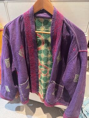 Bohemian Purple Quilted Jacket with Embroidered Trim